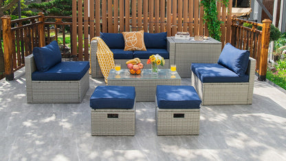 8 Pieces Patio Rattan Furniture Set with Storage Waterproof Cover and Cushion, Navy Outdoor Sectionals   at Gallery Canada