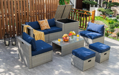 8 Pieces Patio Rattan Furniture Set with Storage Waterproof Cover and Cushion, Navy Outdoor Sectionals   at Gallery Canada