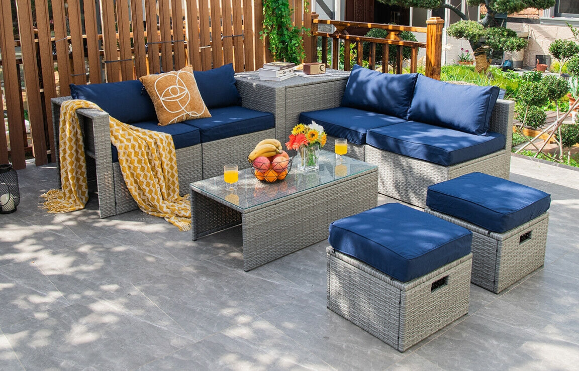 8 Pieces Patio Rattan Furniture Set with Storage Waterproof Cover and Cushion, Navy Outdoor Sectionals   at Gallery Canada