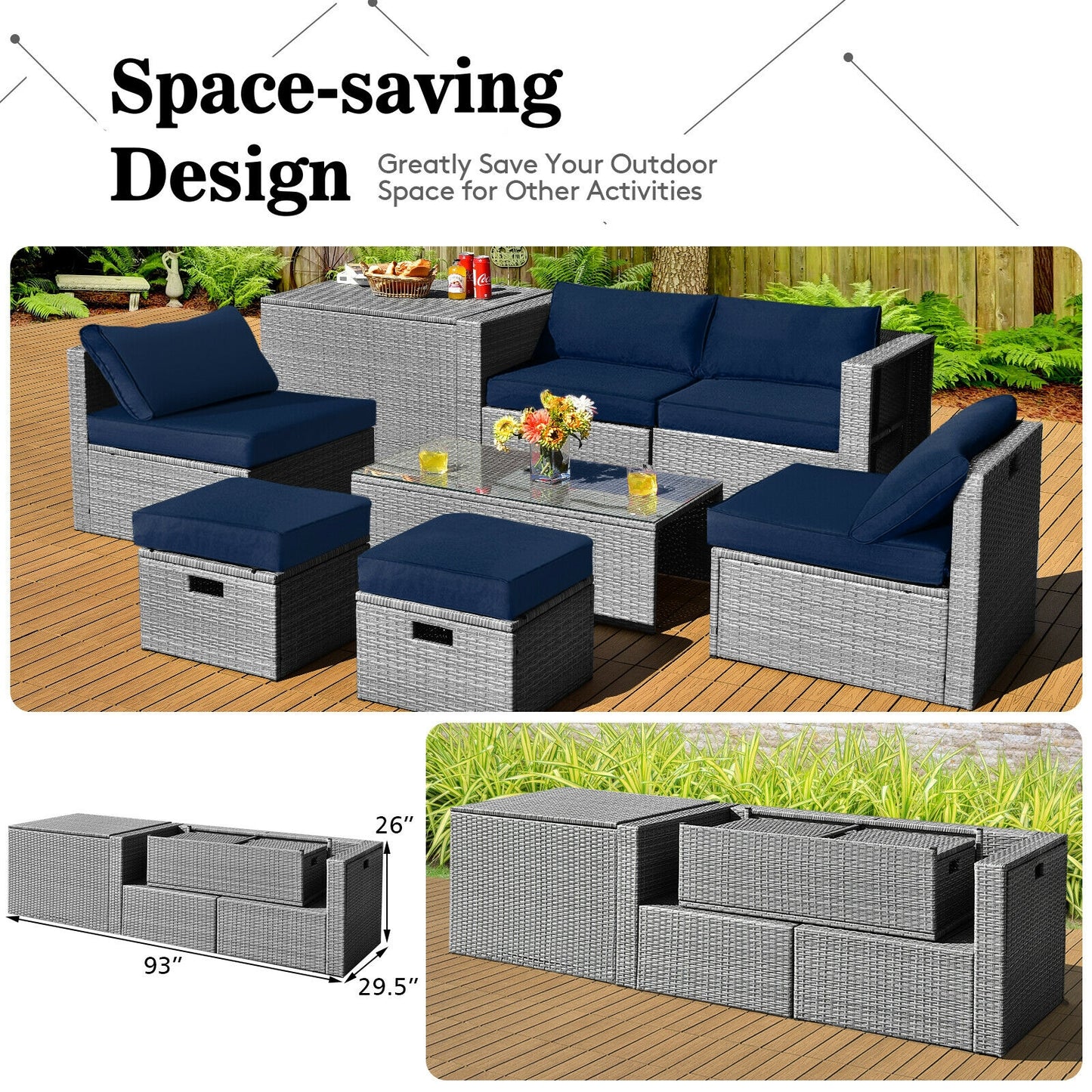 8 Pieces Patio Rattan Furniture Set with Storage Waterproof Cover and Cushion, Navy Outdoor Sectionals   at Gallery Canada