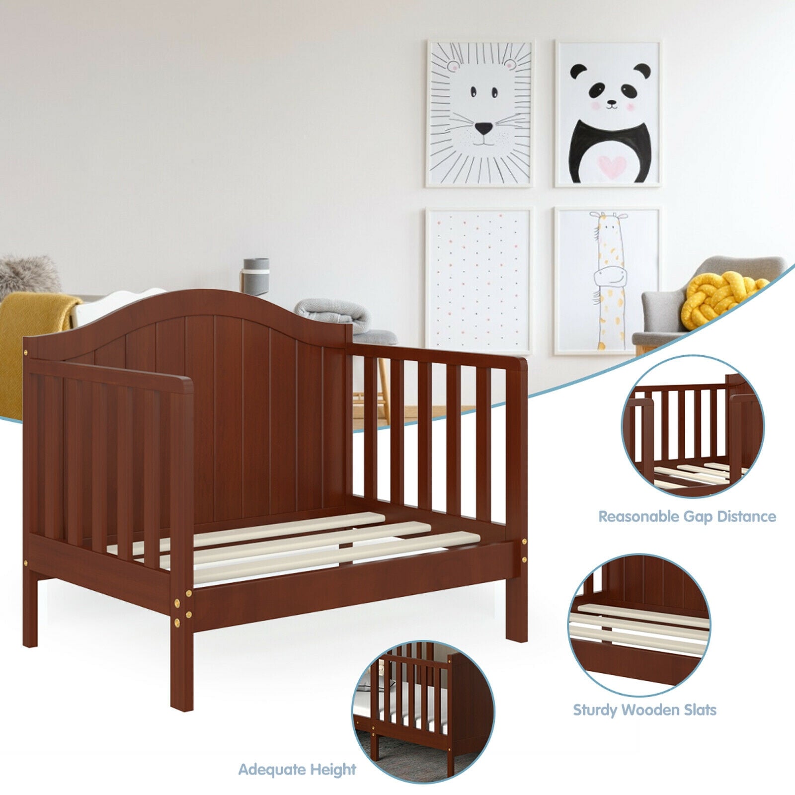 2-in-1 Classic Convertible Wooden Toddler Bed with 2 Side Guardrails for Extra Safety, Brown Toddler Beds   at Gallery Canada