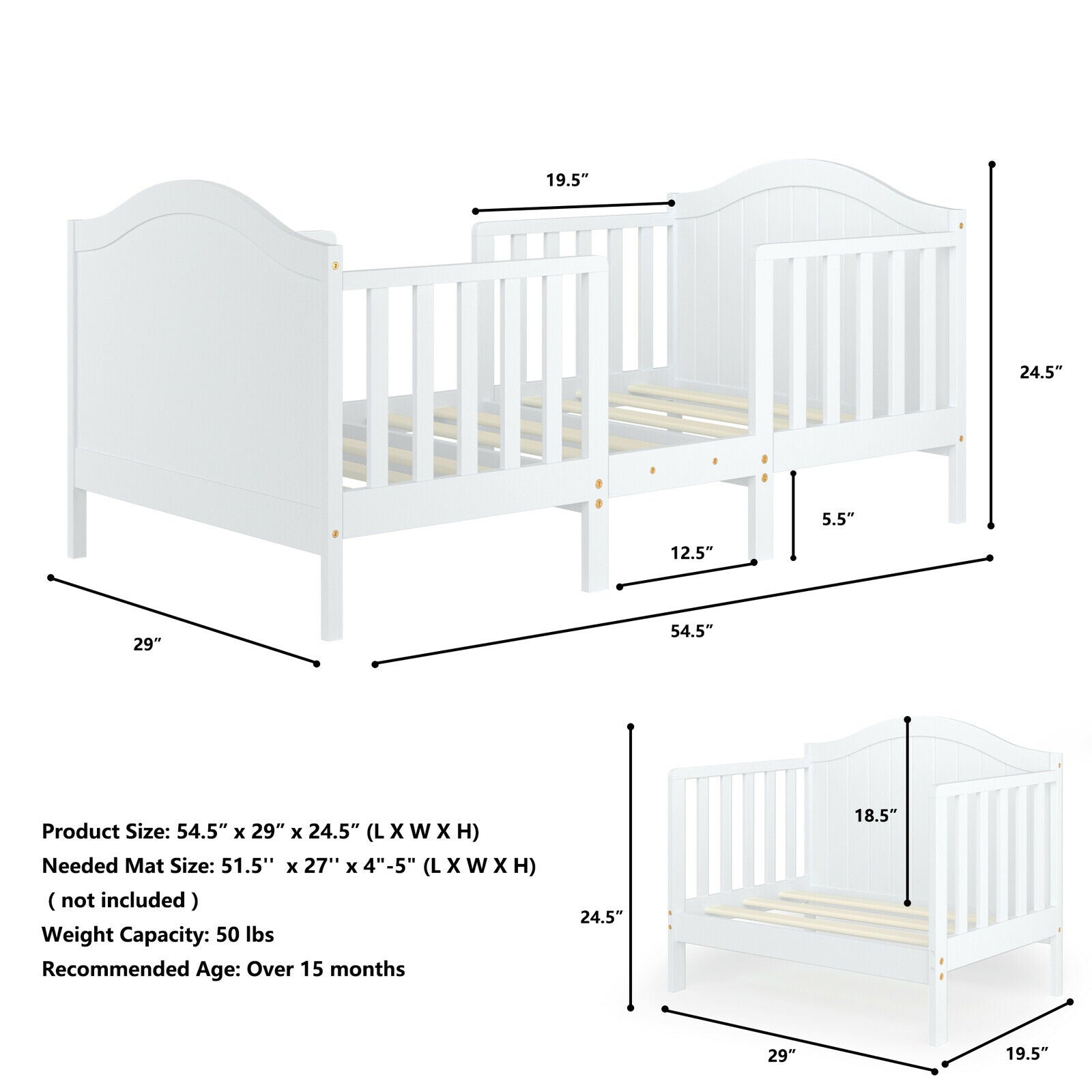 2-in-1 Classic Convertible Wooden Toddler Bed with 2 Side Guardrails for Extra Safety, White Toddler Beds   at Gallery Canada