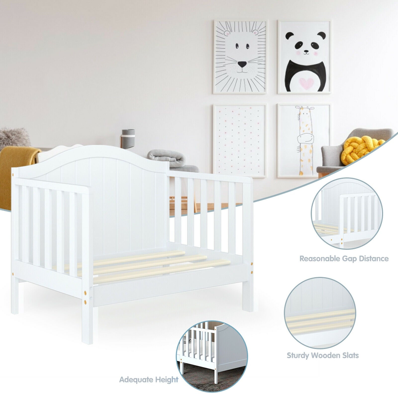 2-in-1 Classic Convertible Wooden Toddler Bed with 2 Side Guardrails for Extra Safety, White Toddler Beds   at Gallery Canada