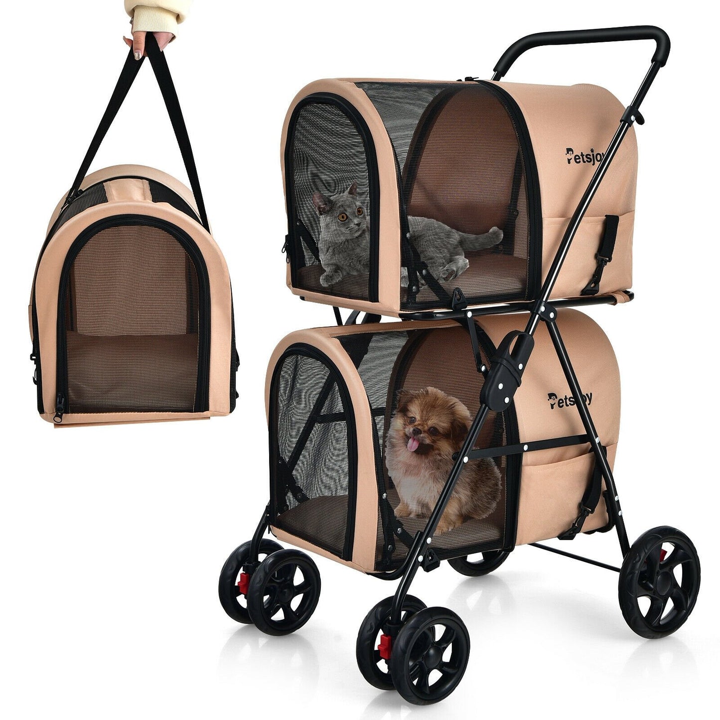 4-in-1 Double Pet Stroller with Detachable Carrier and Travel Carriage, Beige Dog Supplies   at Gallery Canada