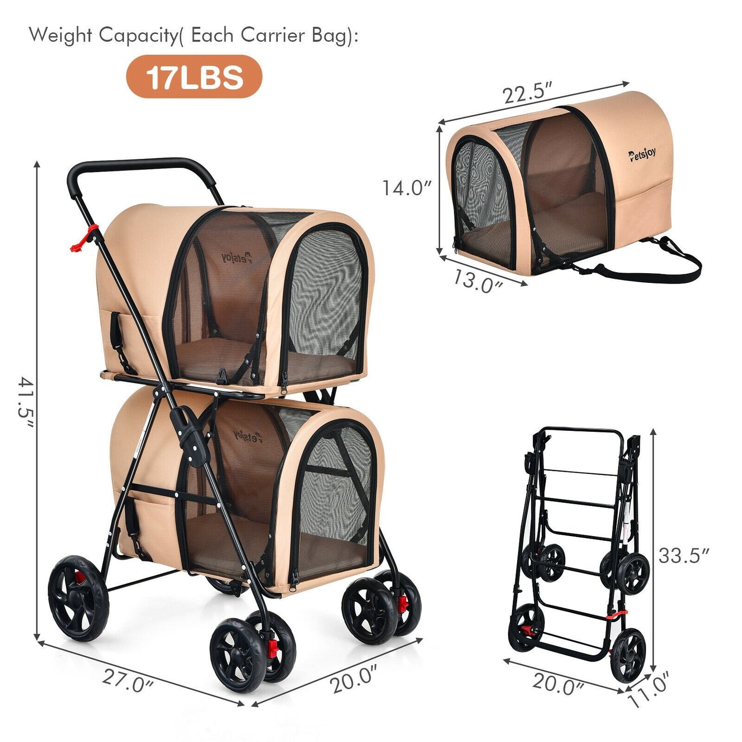 4-in-1 Double Pet Stroller with Detachable Carrier and Travel Carriage, Beige Dog Supplies   at Gallery Canada