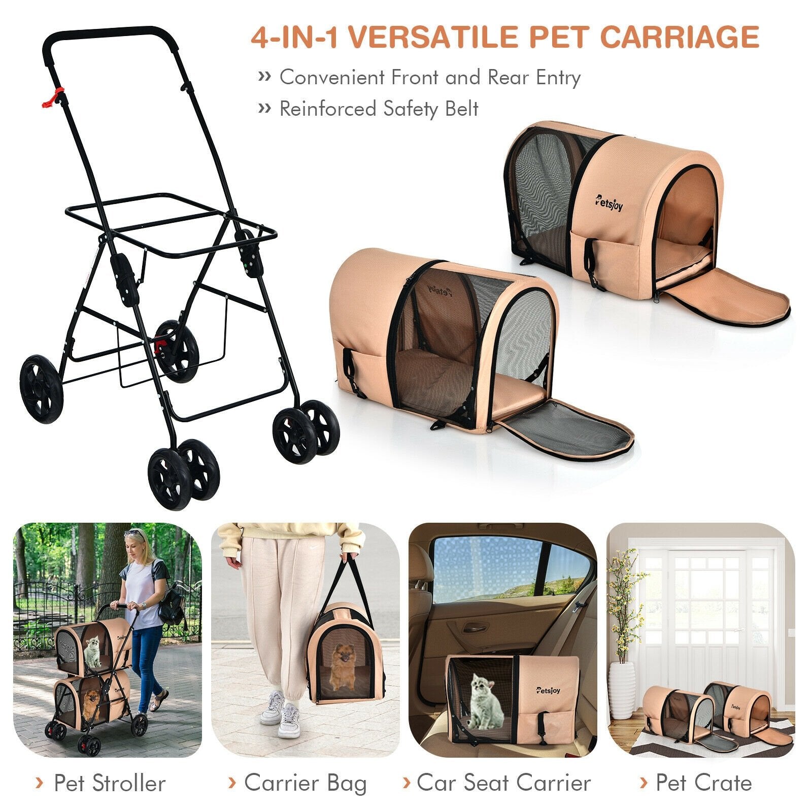 4-in-1 Double Pet Stroller with Detachable Carrier and Travel Carriage, Beige Dog Supplies   at Gallery Canada