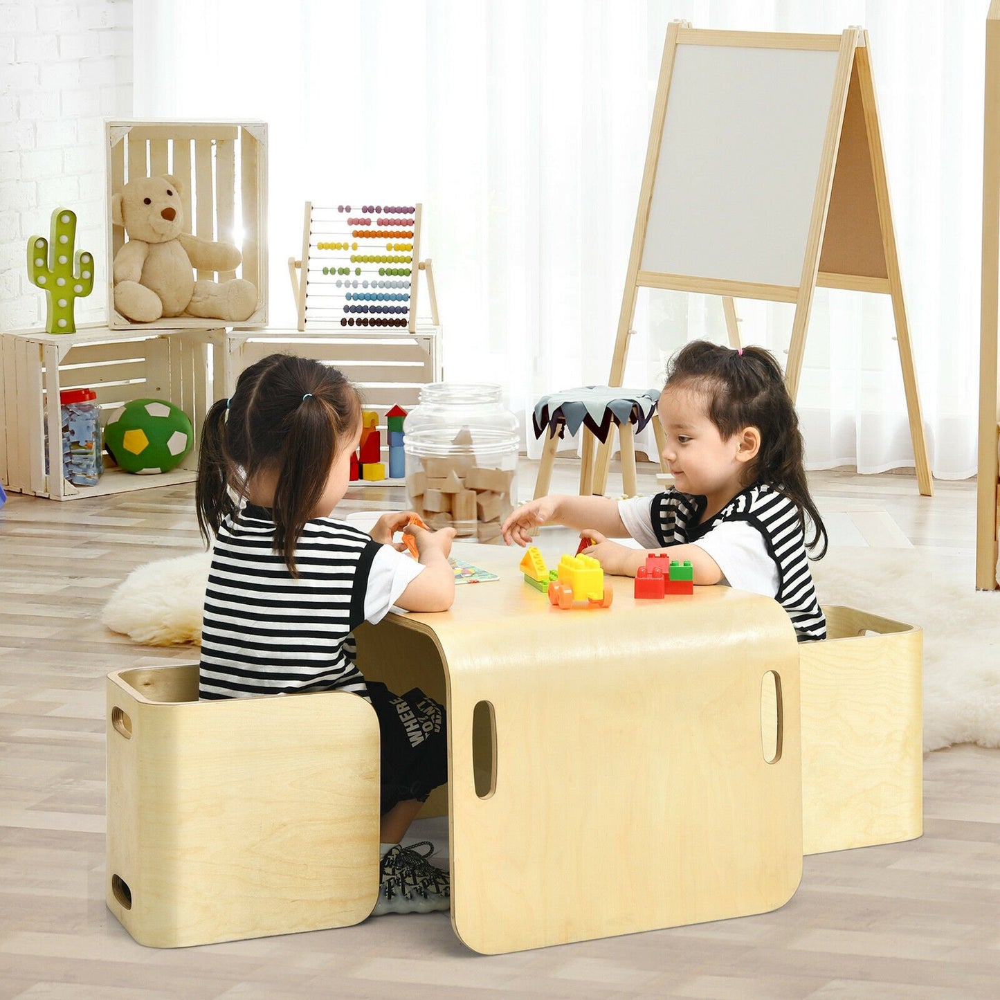 3 Pieces Kids Wooden Table and Chair Set , Natural - Gallery Canada