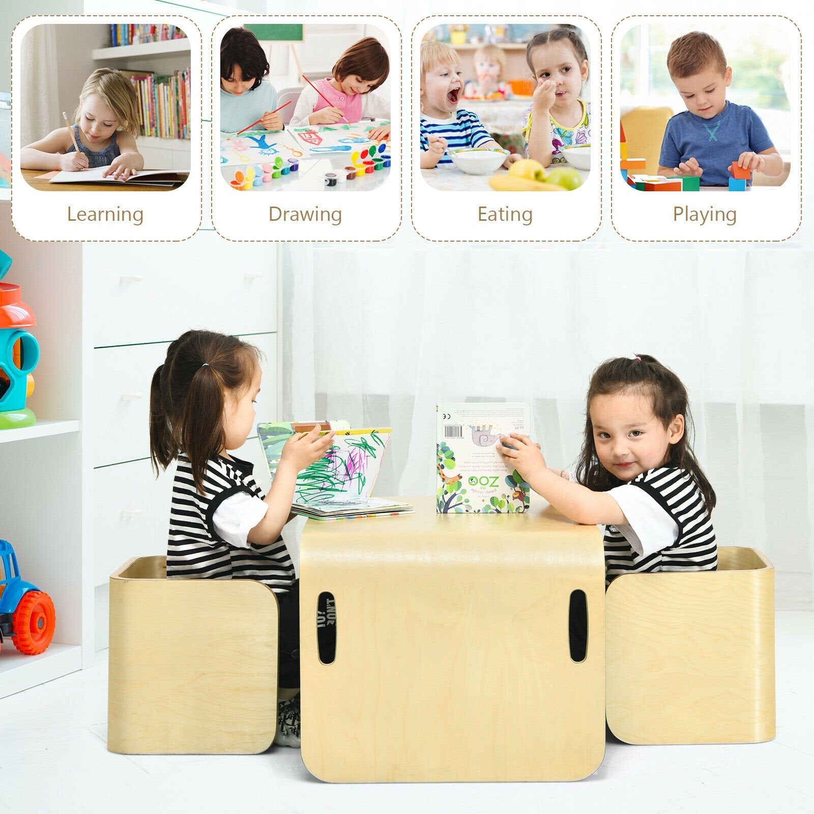 3 Pieces Kids Wooden Table and Chair Set , Natural Kids Table & Chair Sets   at Gallery Canada