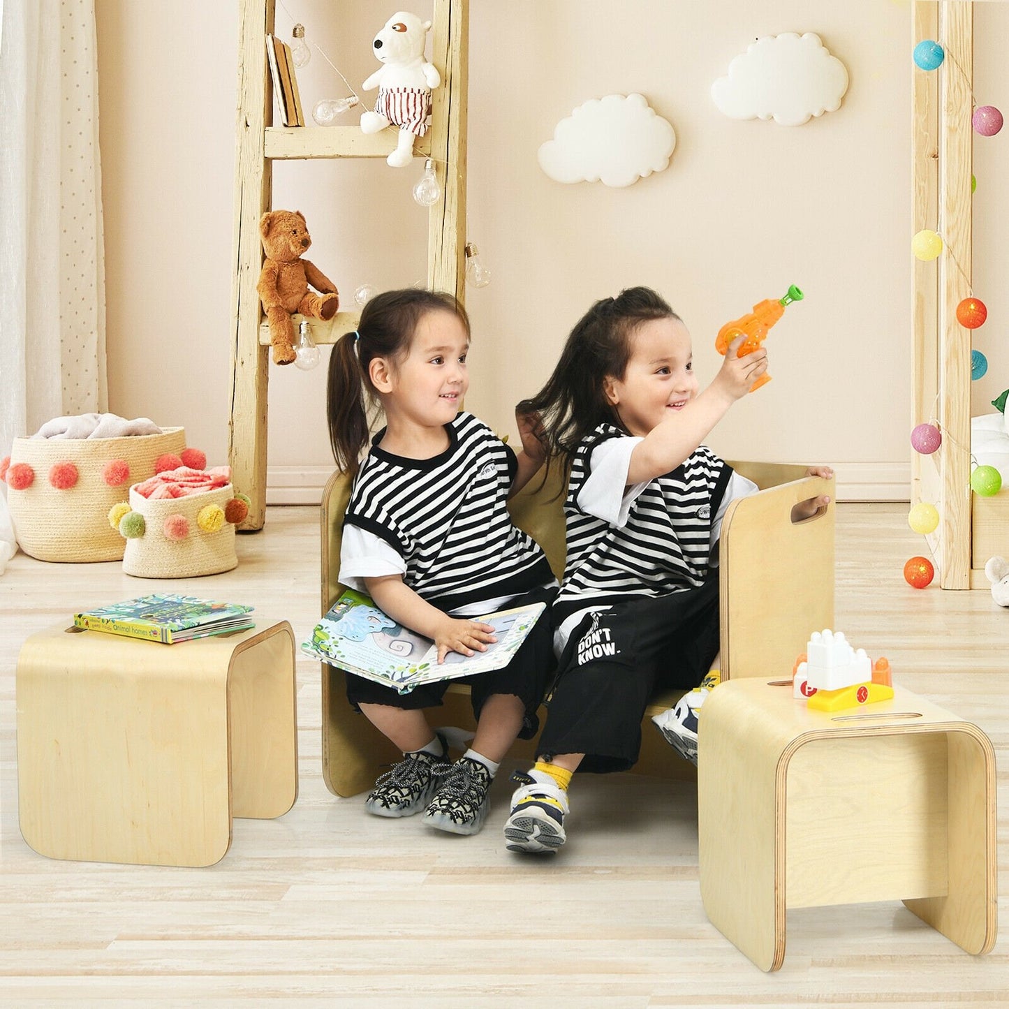 3 Pieces Kids Wooden Table and Chair Set , Natural - Gallery Canada
