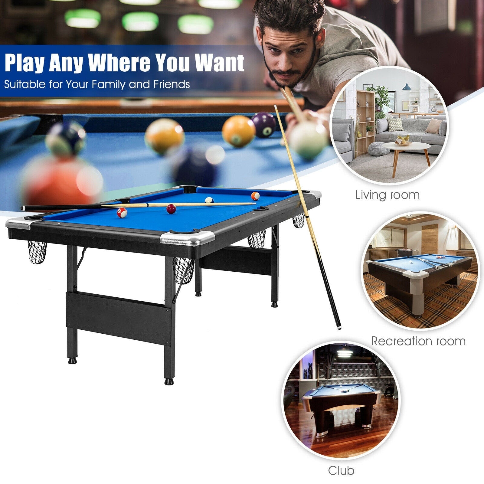 6 Feet Foldable Billiard Pool Table, Blue Game Room at Gallery Canada