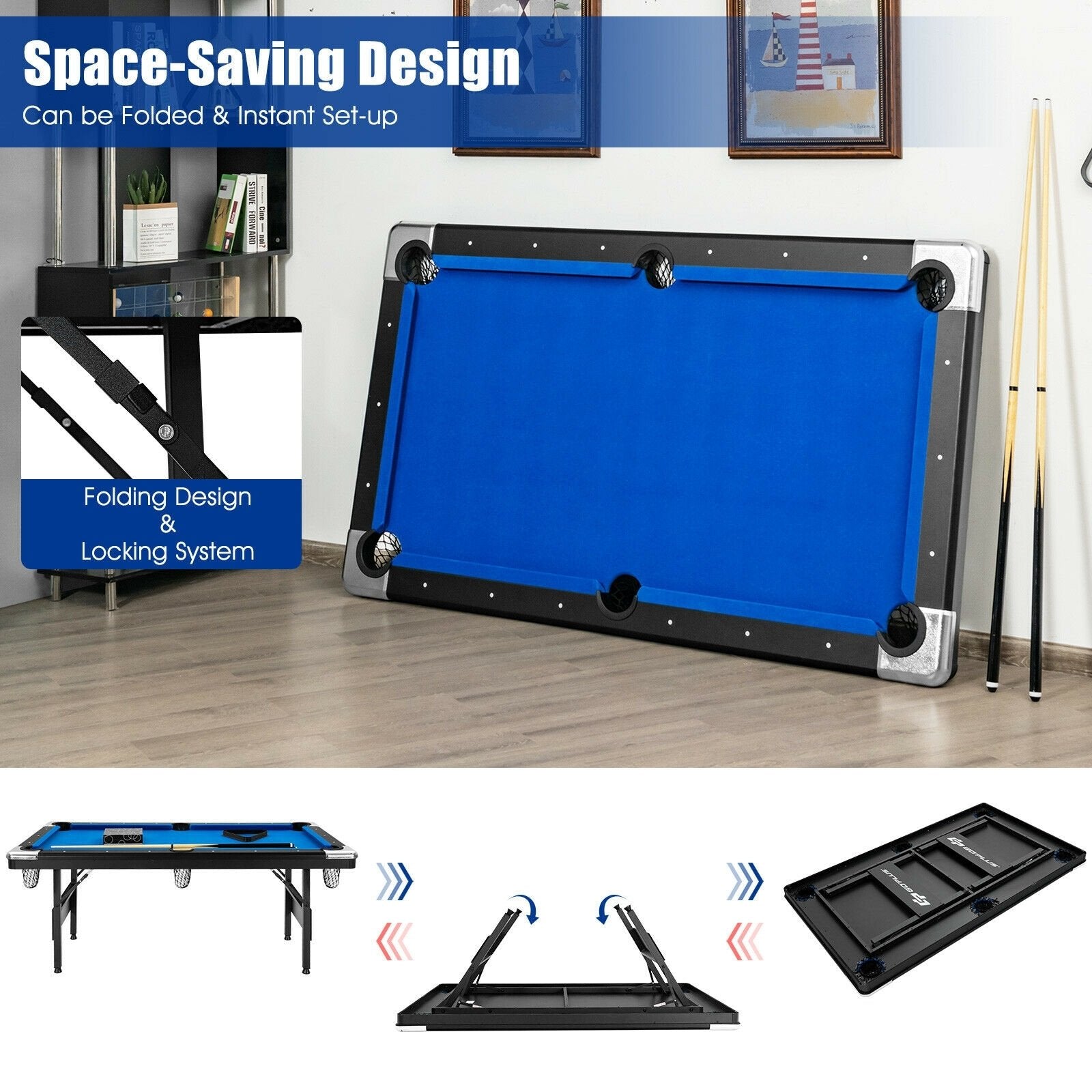 6 Feet Foldable Billiard Pool Table, Blue Game Room at Gallery Canada