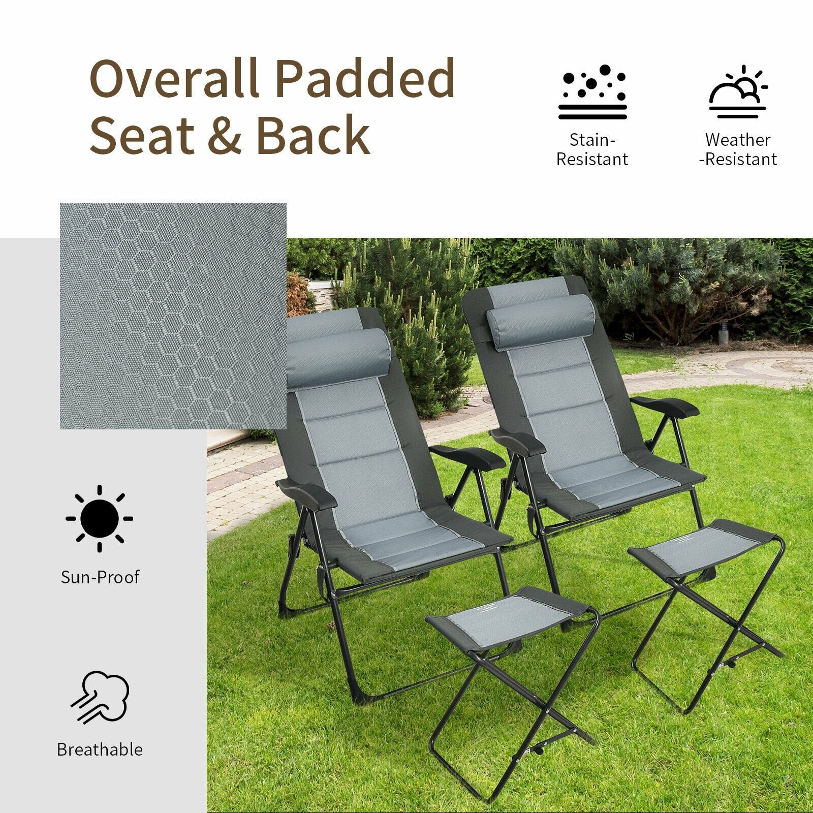 Set of 2 Patiojoy Patio Folding Dining Chair with Ottoman Set Recliner Adjustable, Gray Beach & Lawn Chairs   at Gallery Canada