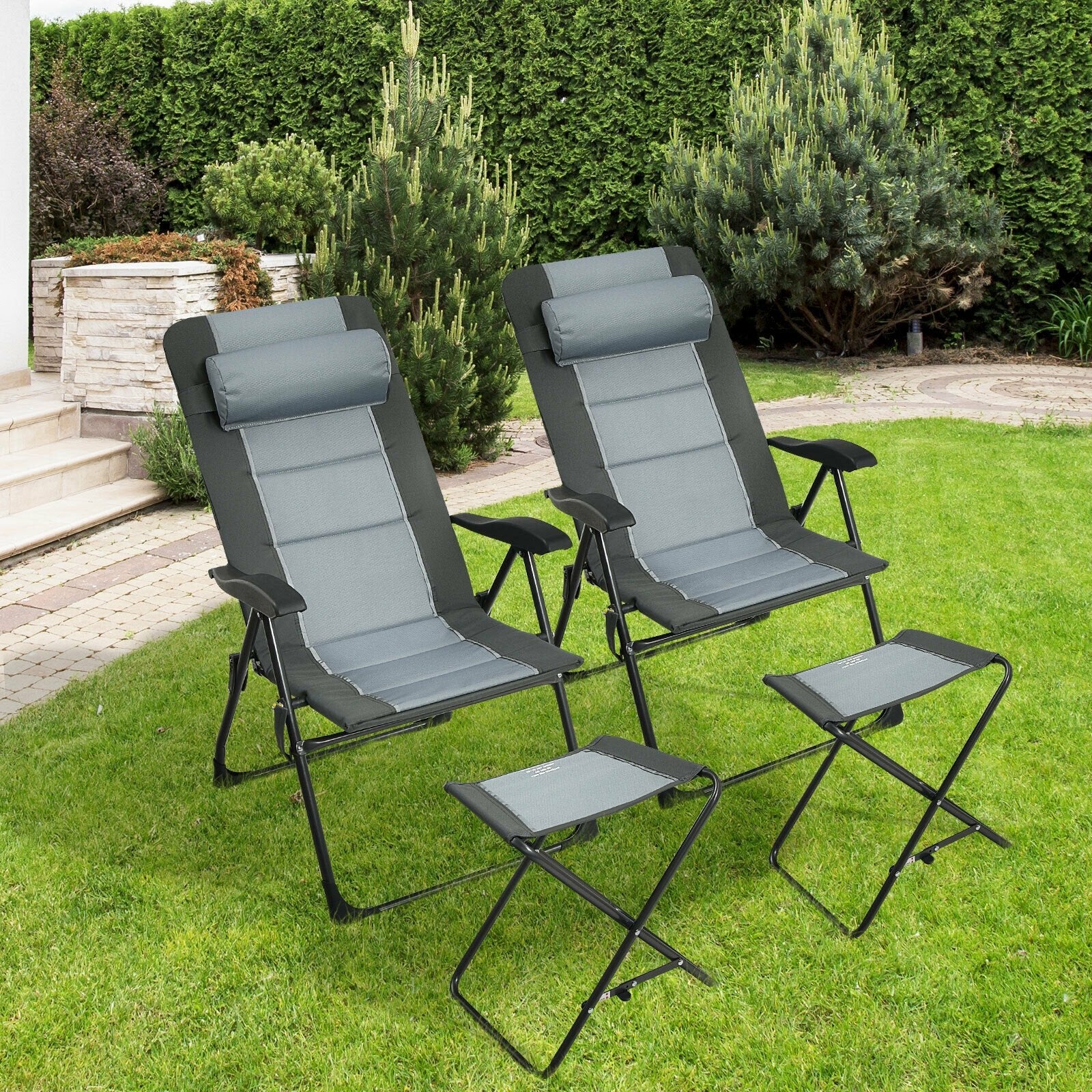 Set of 2 Patiojoy Patio Folding Dining Chair with Ottoman Set Recliner Adjustable, Gray Beach & Lawn Chairs   at Gallery Canada