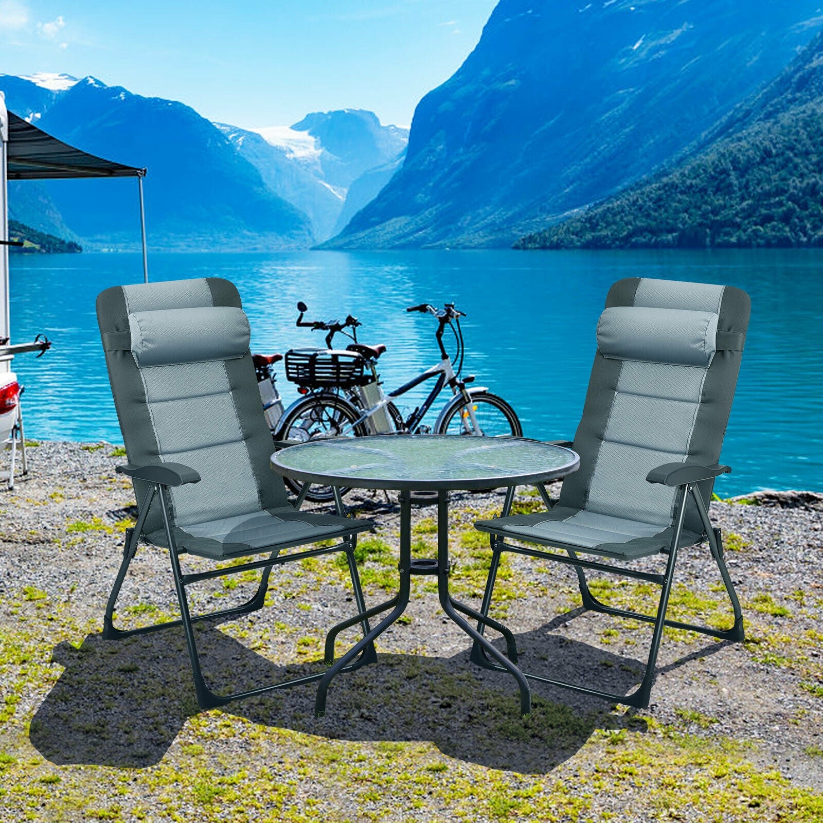 Set of 2 Patiojoy Patio Folding Dining Chair with Ottoman Set Recliner Adjustable, Gray Beach & Lawn Chairs at Gallery Canada