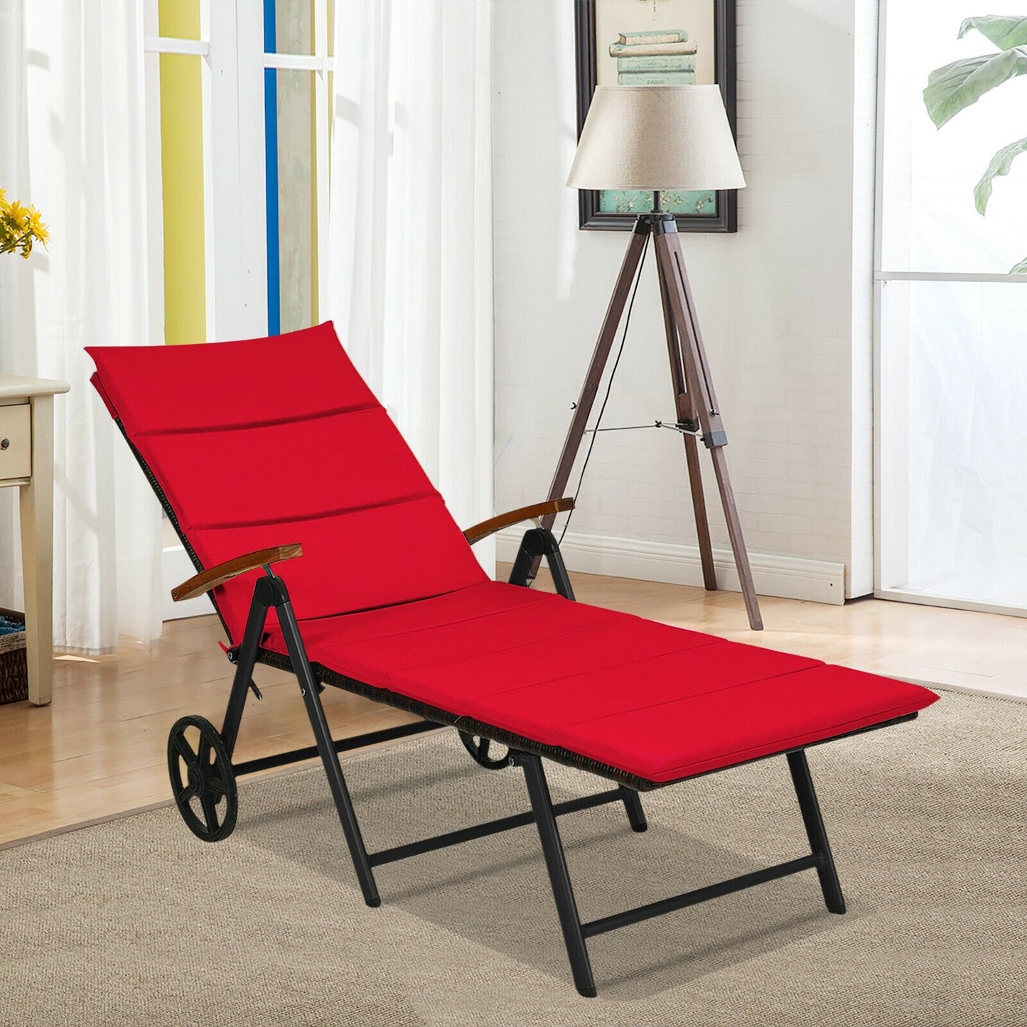 Folding Patio Rattan Lounge Chair with Wheels, Red Outdoor Chaise Lounges   at Gallery Canada