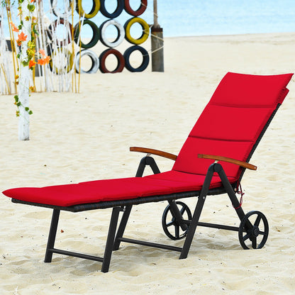 Folding Patio Rattan Lounge Chair with Wheels, Red Outdoor Chaise Lounges   at Gallery Canada