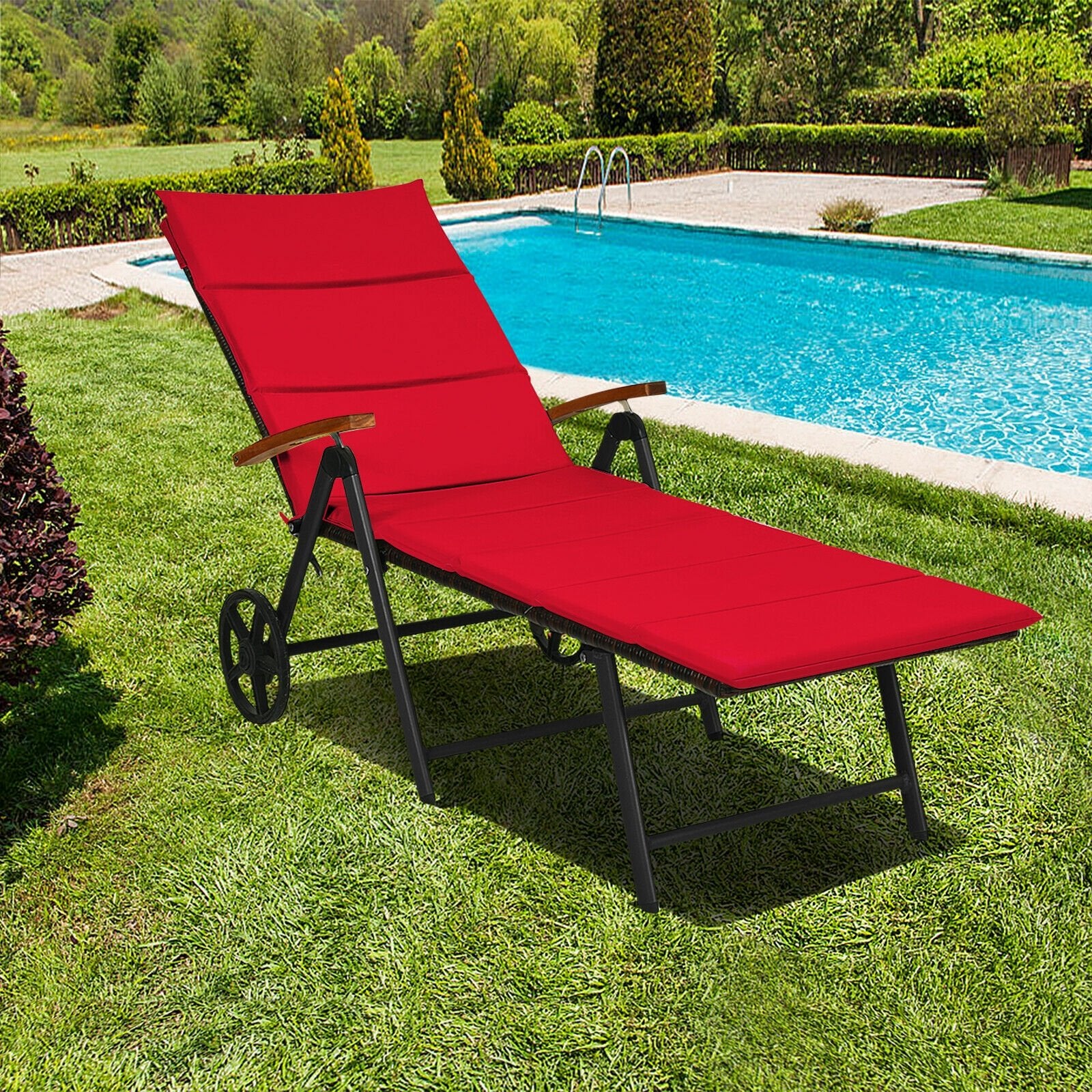 Folding Patio Rattan Lounge Chair with Wheels, Red Outdoor Chaise Lounges   at Gallery Canada