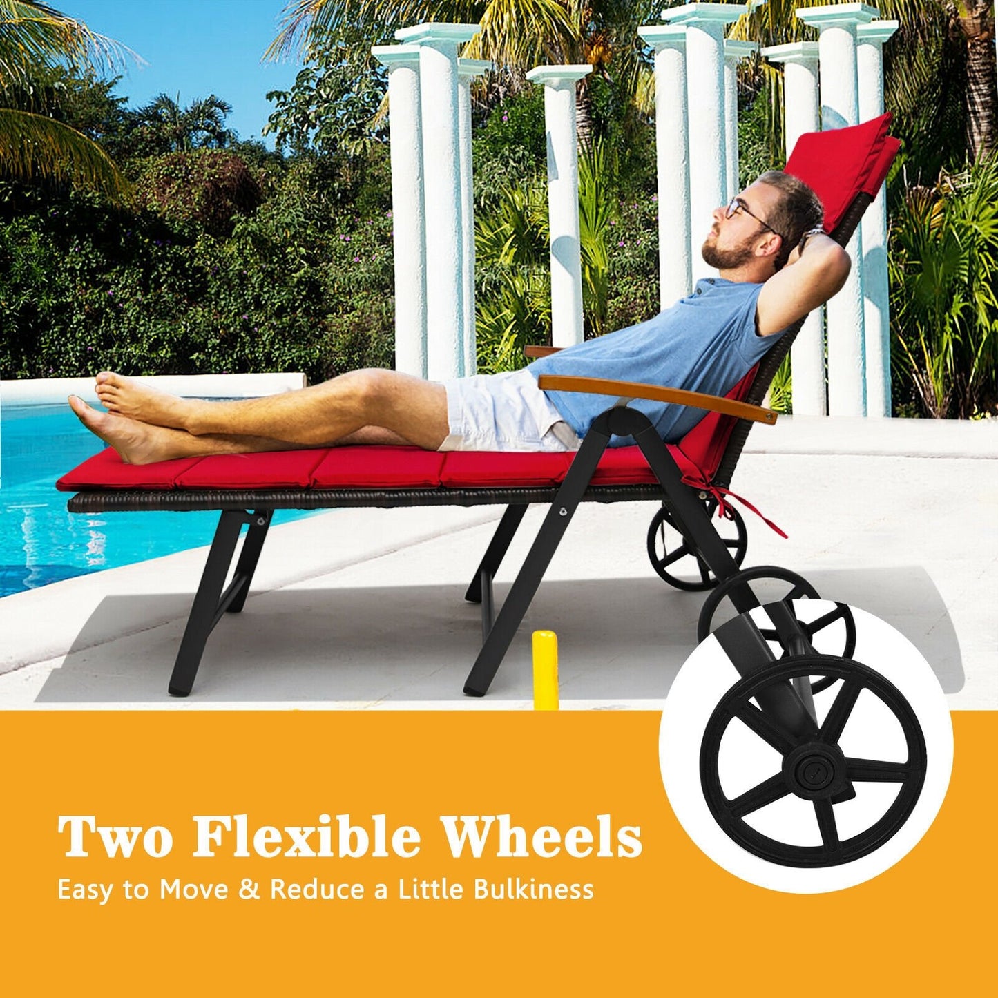 Folding Patio Rattan Lounge Chair with Wheels, Red Outdoor Chaise Lounges   at Gallery Canada