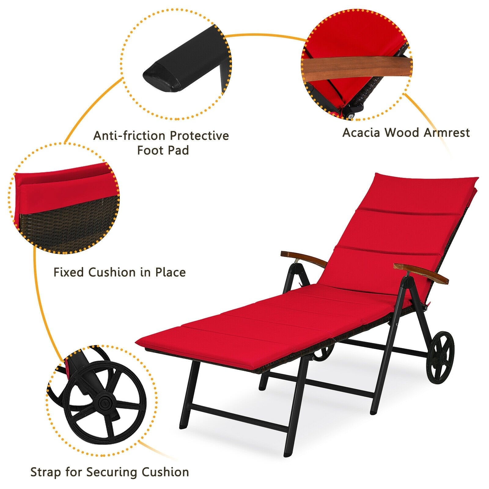 Folding Patio Rattan Lounge Chair with Wheels, Red Outdoor Chaise Lounges   at Gallery Canada