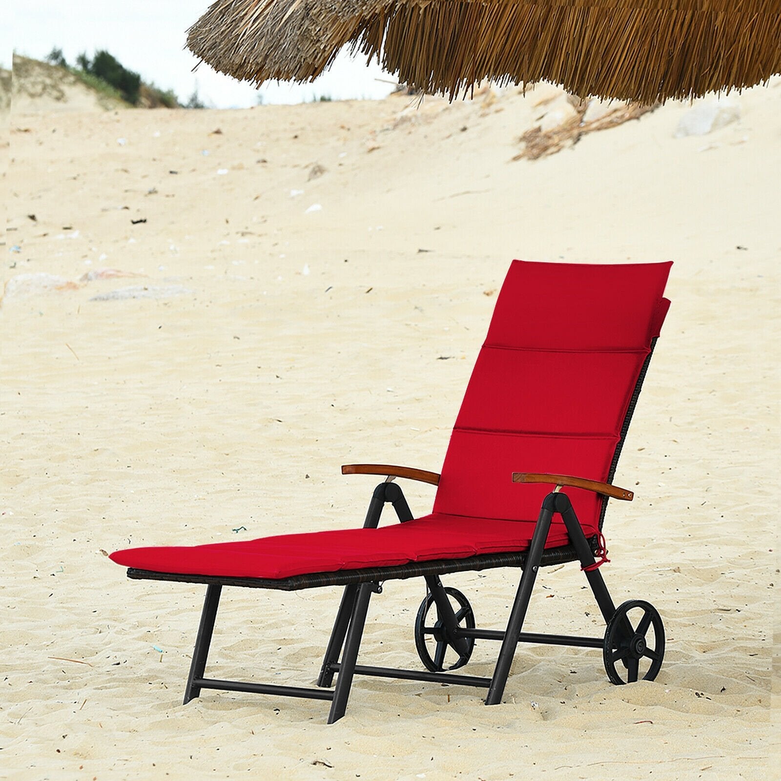 Folding Patio Rattan Lounge Chair with Wheels, Red Outdoor Chaise Lounges   at Gallery Canada