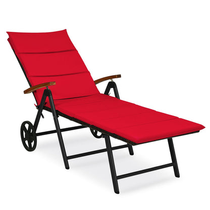 Folding Patio Rattan Lounge Chair with Wheels, Red Outdoor Chaise Lounges   at Gallery Canada