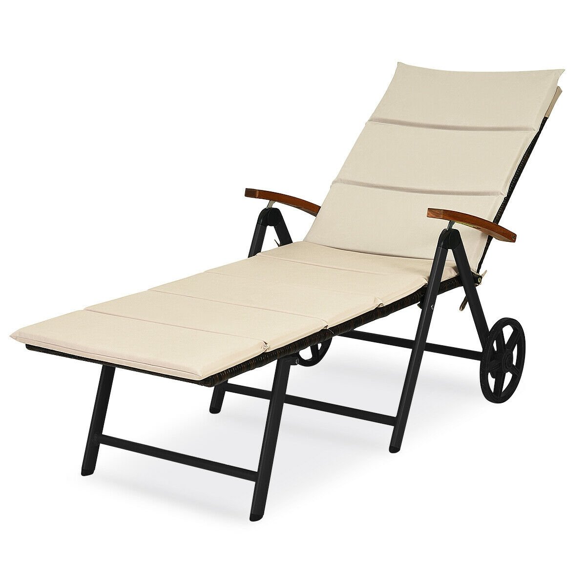 Outdoor Chaise Lounge Chair Rattan Lounger Recliner Chair, Beige Outdoor Chaise Lounges   at Gallery Canada