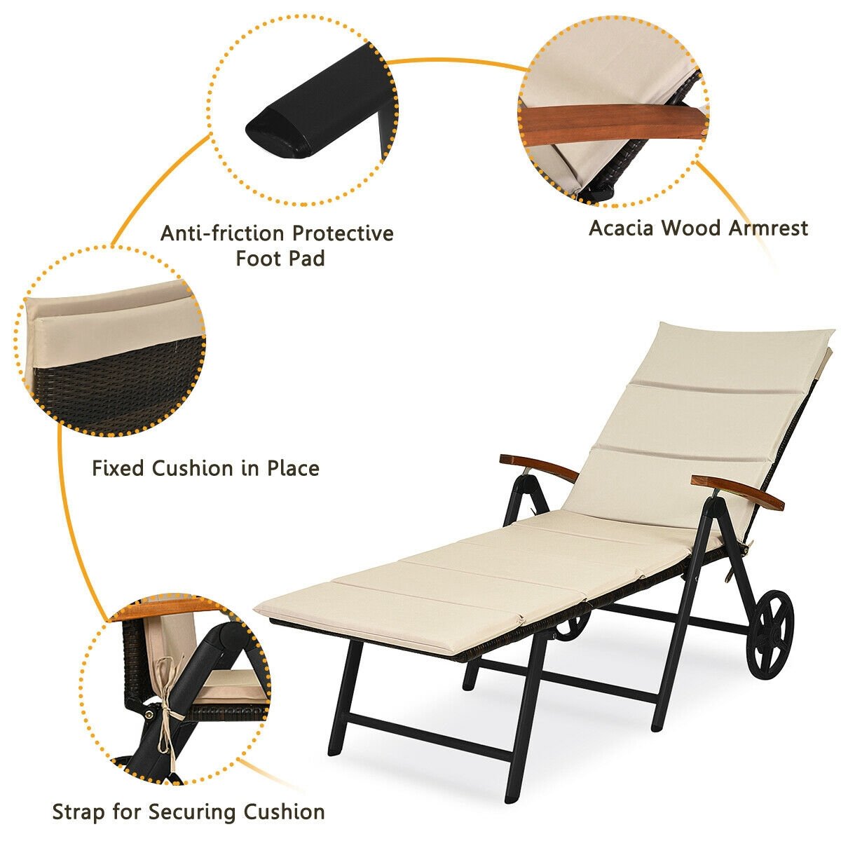 Outdoor Chaise Lounge Chair Rattan Lounger Recliner Chair, Beige Outdoor Chaise Lounges   at Gallery Canada