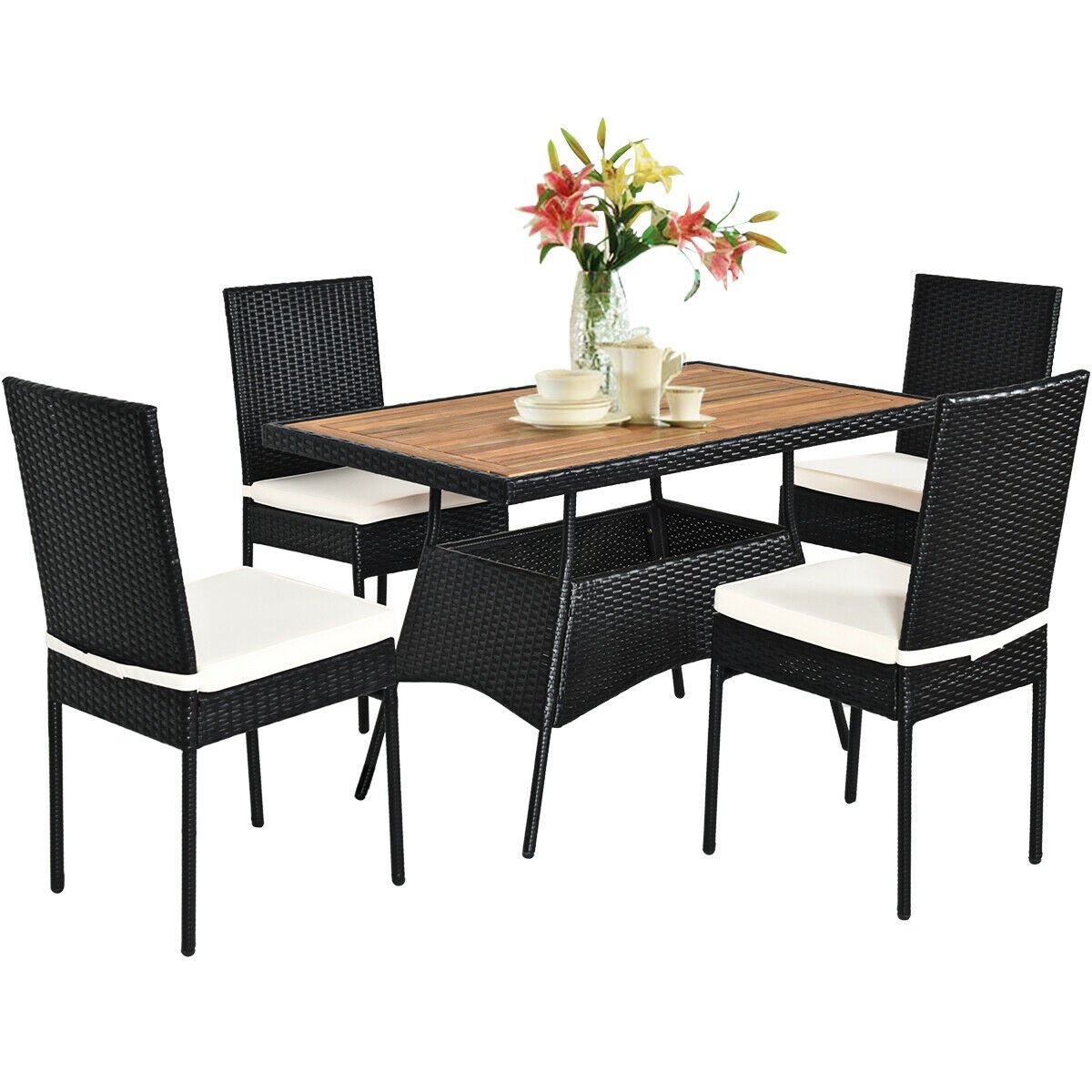 5 Pieces Patio Rattan Dining Set Table with Wooden Top, White Patio Dining Sets   at Gallery Canada