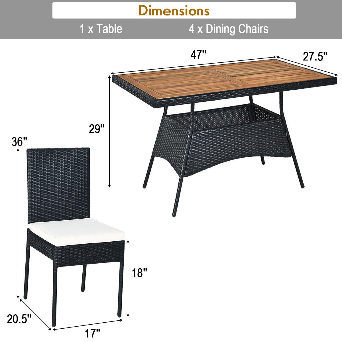 5 Pieces Patio Rattan Dining Set Table with Wooden Top, White Patio Dining Sets   at Gallery Canada