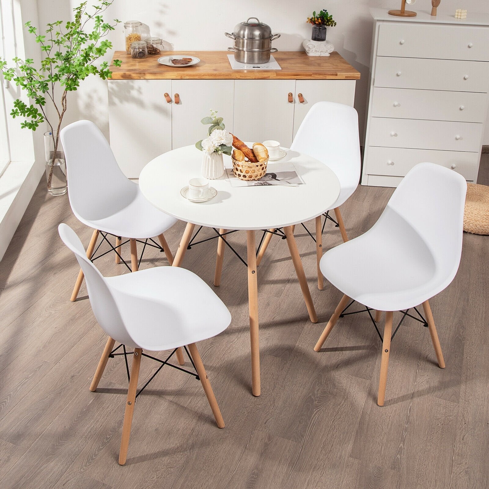 5 Pieces Table Set With Solid Wood Leg For Dining Room, White Dining Room Sets   at Gallery Canada