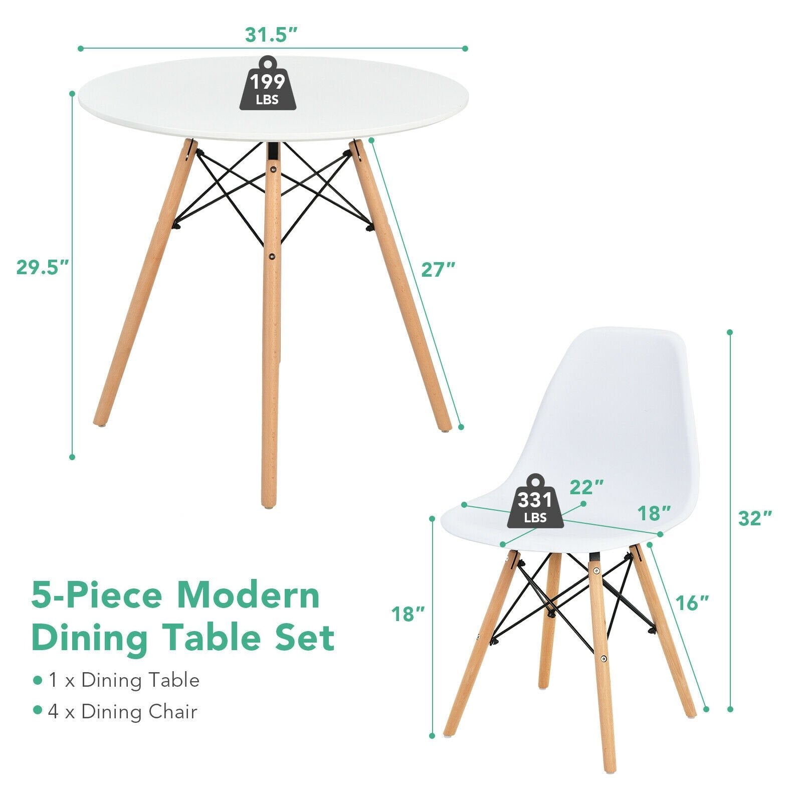 5 Pieces Table Set With Solid Wood Leg For Dining Room, White Dining Room Sets   at Gallery Canada