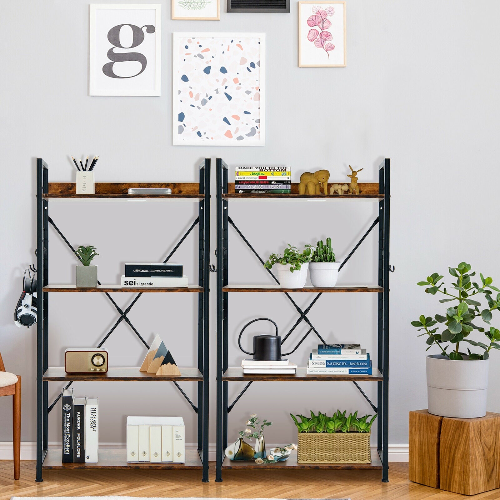 4 -Tier Industrial Open Storage Bookshelf, Dark Brown Bookcases   at Gallery Canada