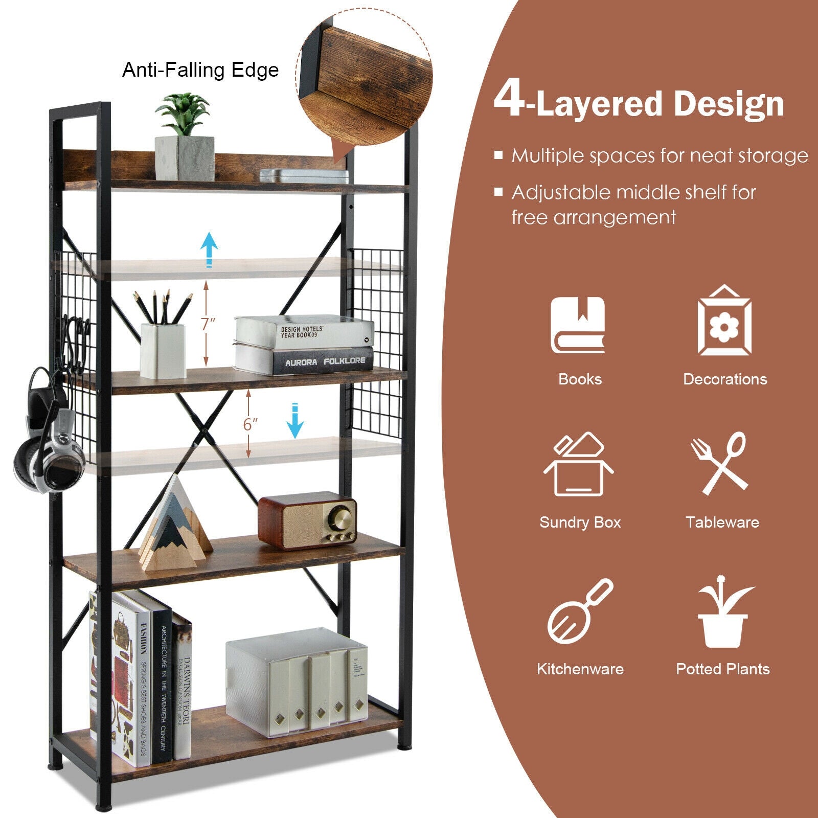 4 -Tier Industrial Open Storage Bookshelf, Dark Brown Bookcases   at Gallery Canada