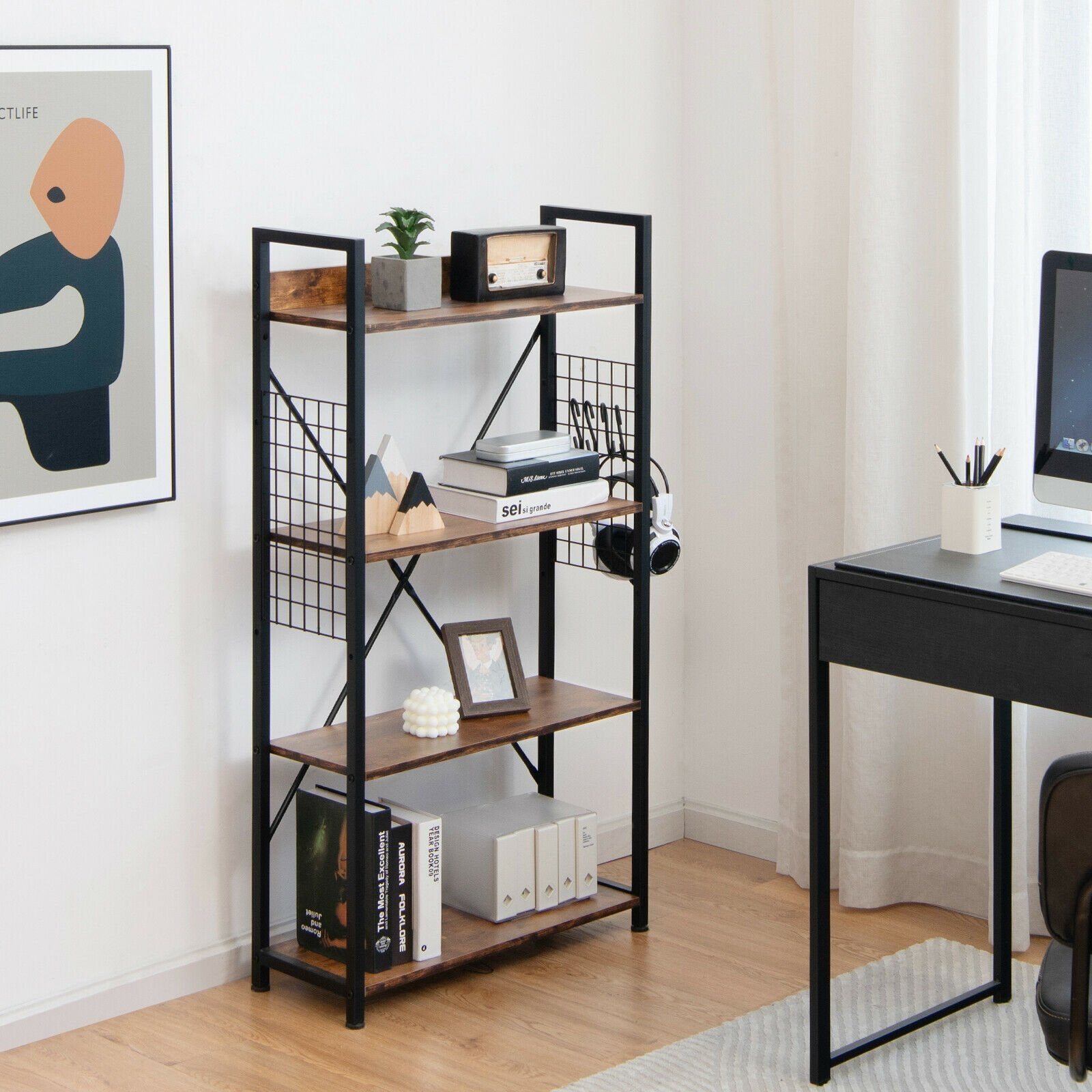 4 -Tier Industrial Open Storage Bookshelf, Dark Brown Bookcases   at Gallery Canada