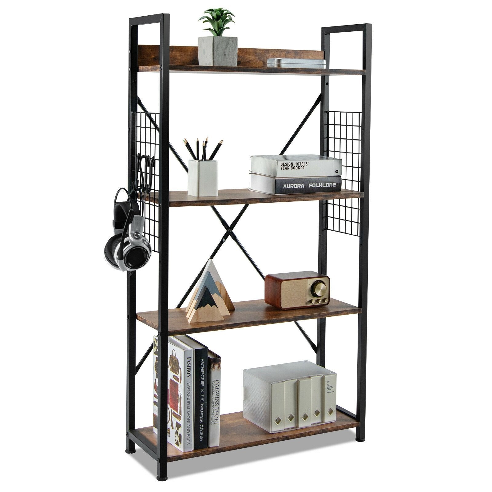 4 -Tier Industrial Open Storage Bookshelf, Dark Brown Bookcases   at Gallery Canada