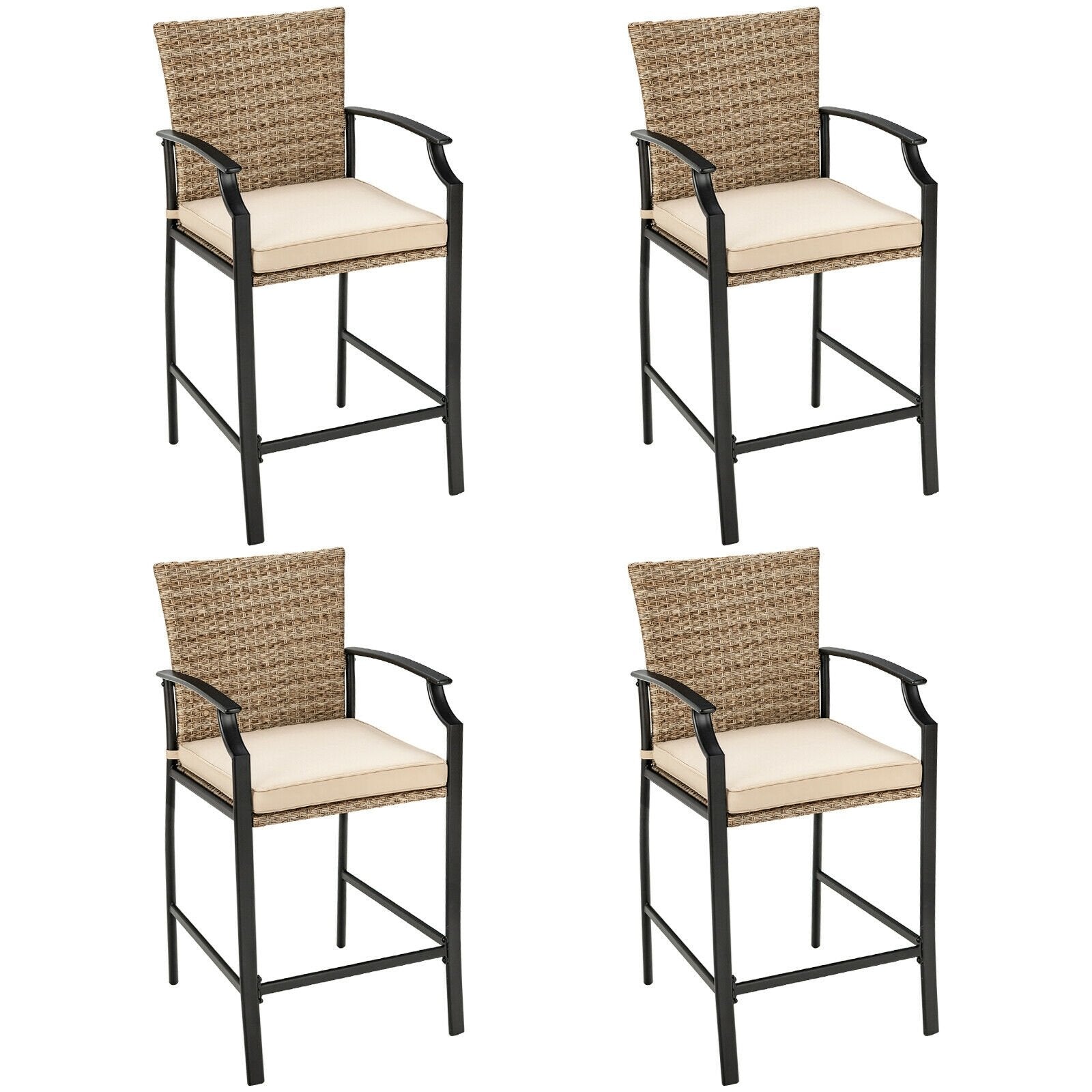 5 Pieces Outdoor Rattan Bistro Bar Stool Table Set with Cushions, Black Patio Dining Sets   at Gallery Canada