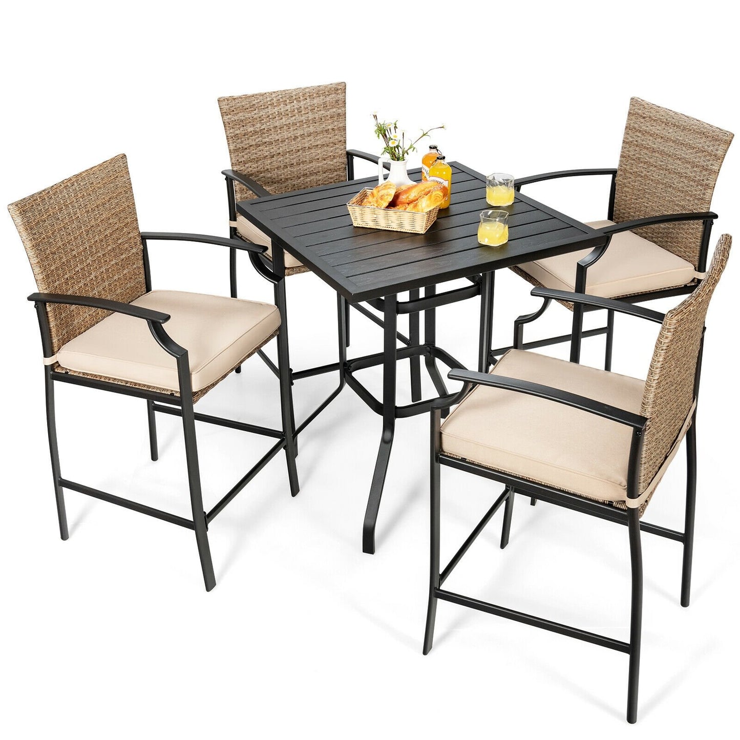 5 Pieces Outdoor Rattan Bistro Bar Stool Table Set with Cushions, Black - Gallery Canada