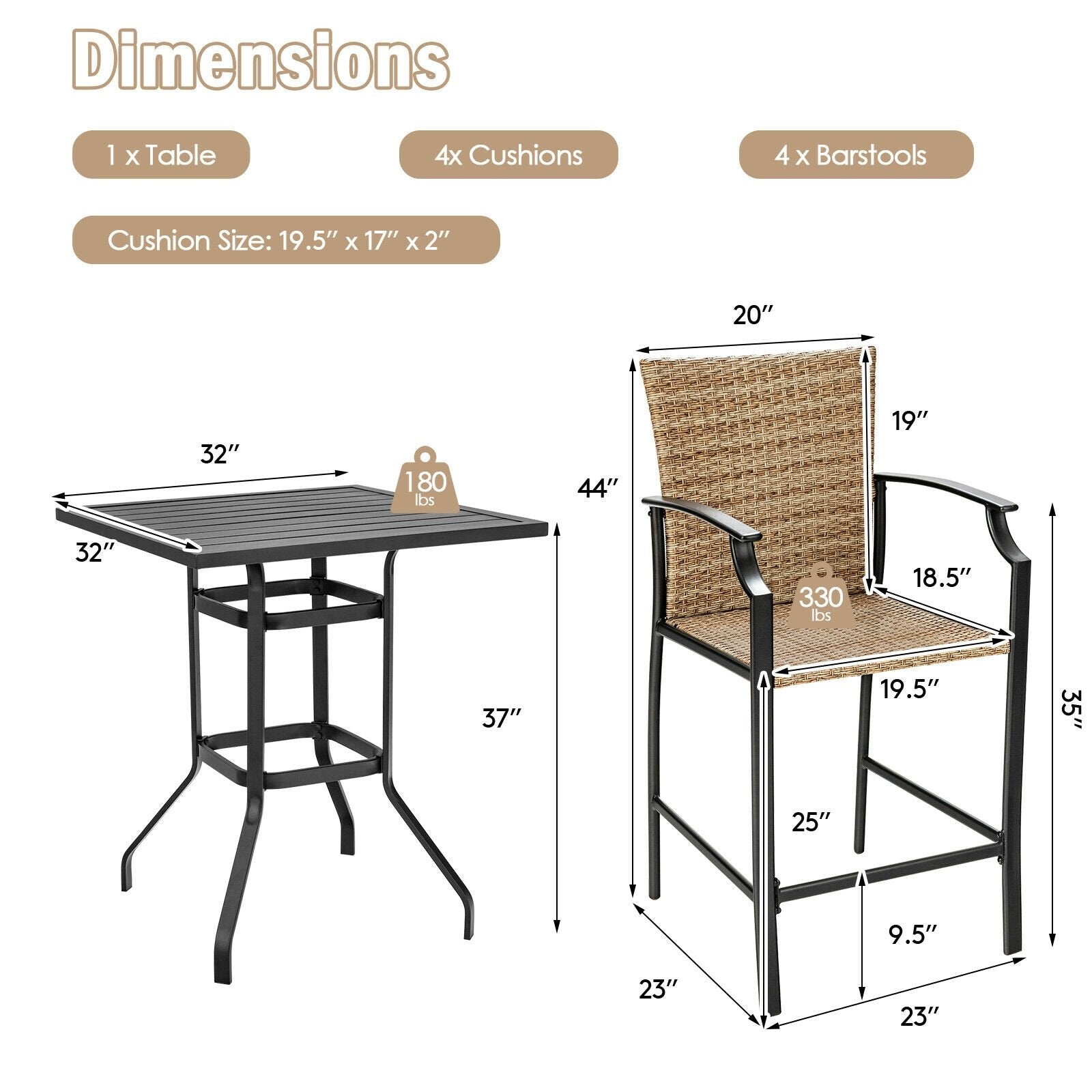 5 Pieces Outdoor Rattan Bistro Bar Stool Table Set with Cushions, Black Patio Dining Sets   at Gallery Canada