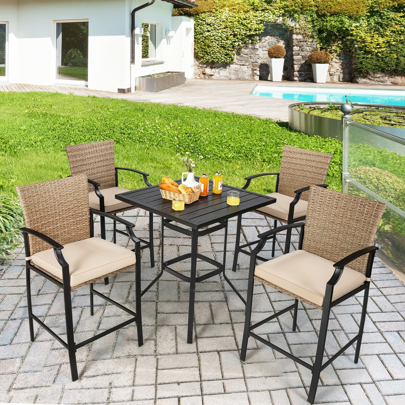 5 Pieces Outdoor Rattan Bistro Bar Stool Table Set with Cushions, Black Patio Dining Sets   at Gallery Canada