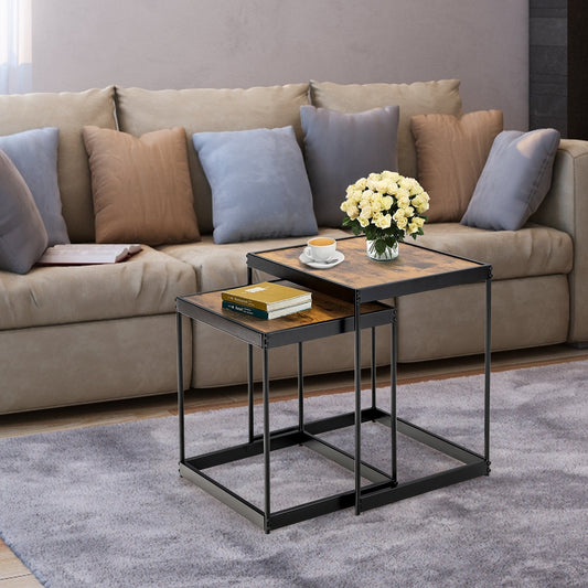 Set of 2 Modern Nesting End Tables with Metal Legs for Living Room, Rustic Brown Coffee Tables   at Gallery Canada