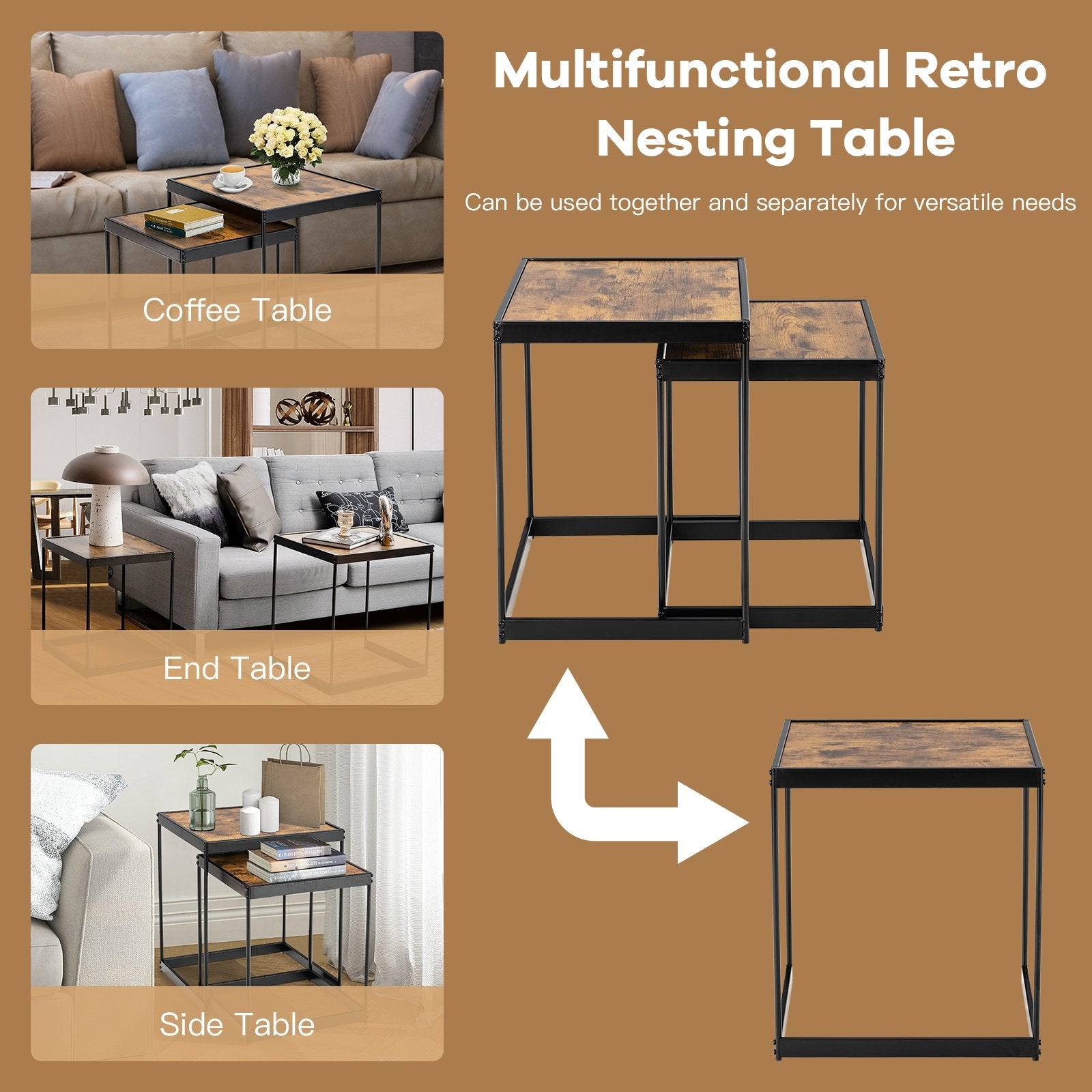 Set of 2 Modern Nesting End Tables with Metal Legs for Living Room, Rustic Brown Coffee Tables   at Gallery Canada