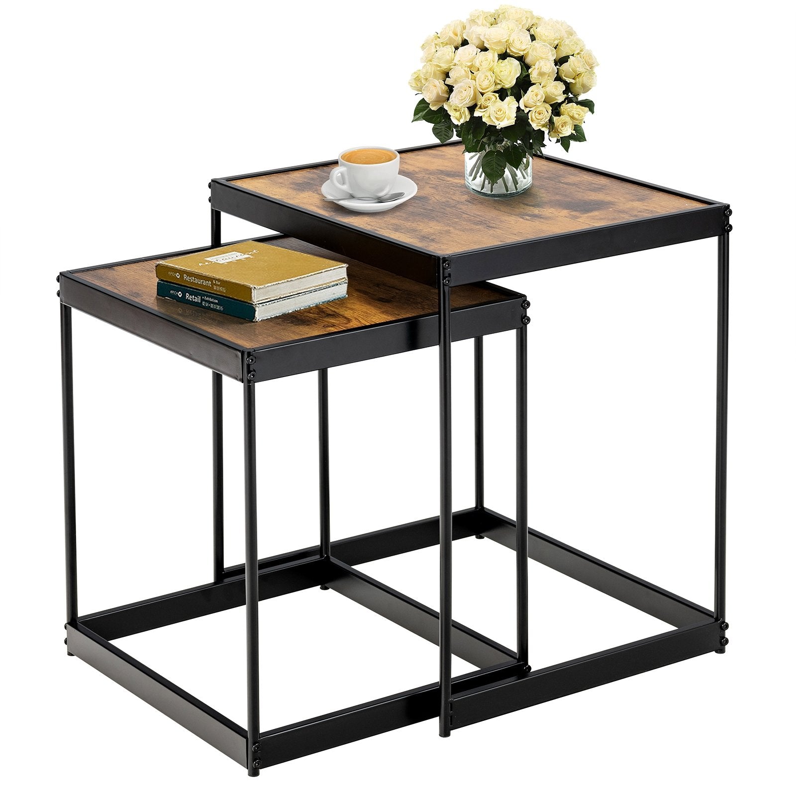 Set of 2 Modern Nesting End Tables with Metal Legs for Living Room, Rustic Brown Coffee Tables   at Gallery Canada