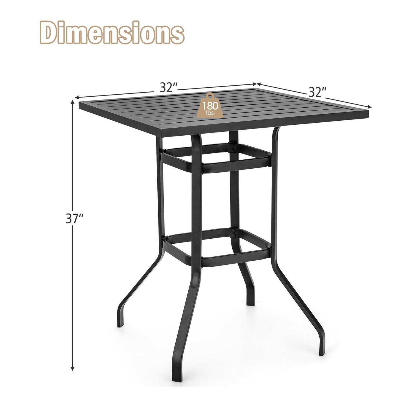 32 Inches Outdoor Steel Square Bar Table with Powder-Coated Tabletop, Black - Gallery Canada