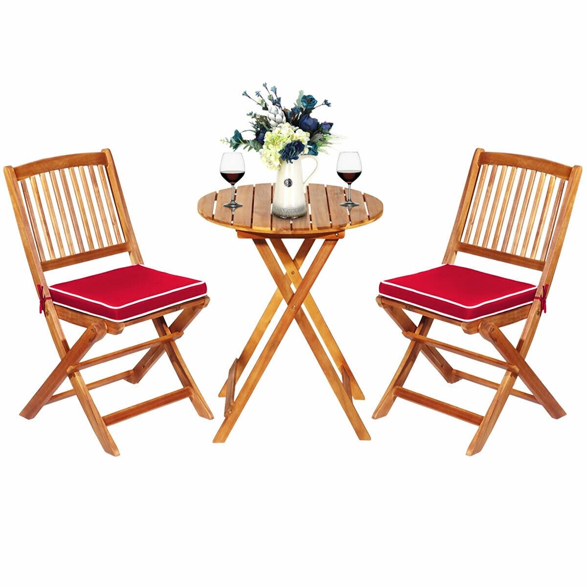 3 Pieces Patio Folding Wooden Bistro Set Cushioned Chair, Red Patio Conversation Sets   at Gallery Canada