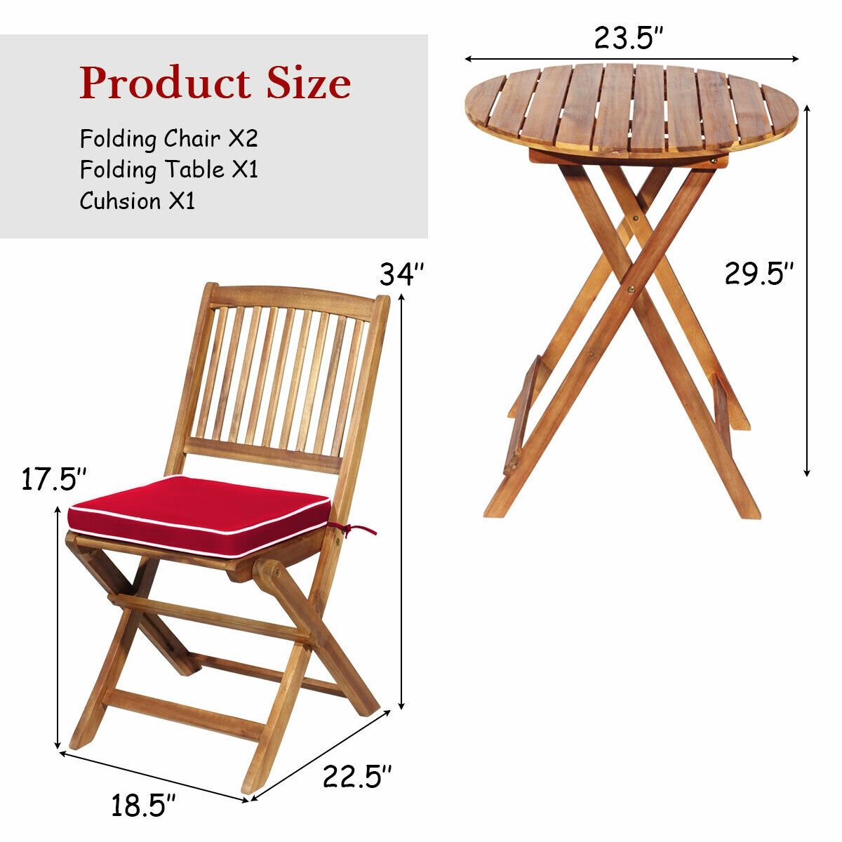 3 Pieces Patio Folding Wooden Bistro Set Cushioned Chair, Red Patio Conversation Sets   at Gallery Canada