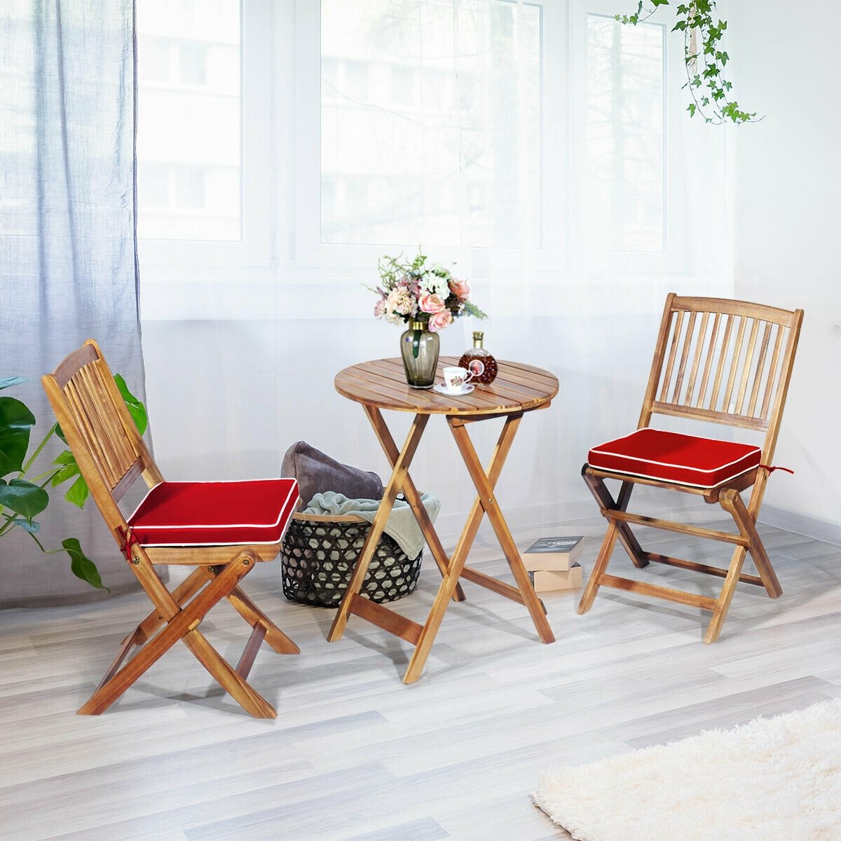 3 Pieces Patio Folding Wooden Bistro Set Cushioned Chair, Red - Gallery Canada