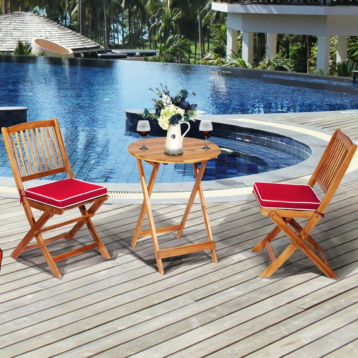 3 Pieces Patio Folding Wooden Bistro Set Cushioned Chair, Red Patio Conversation Sets   at Gallery Canada