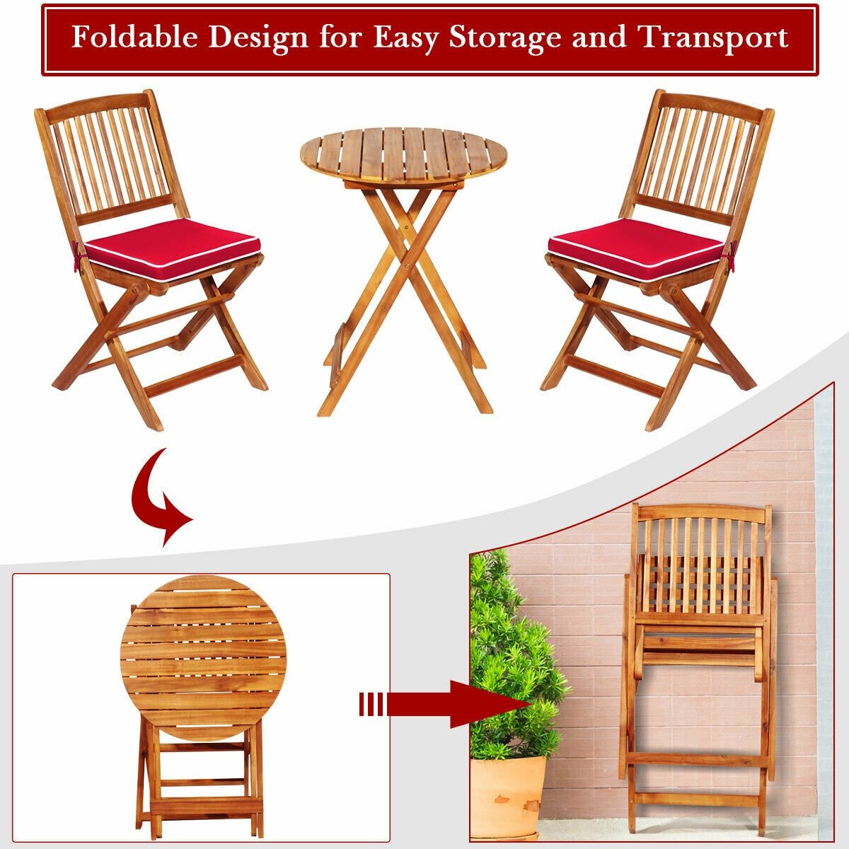 3 Pieces Patio Folding Wooden Bistro Set Cushioned Chair, Red Patio Conversation Sets   at Gallery Canada