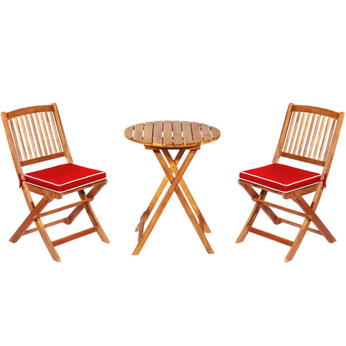 3 Pieces Patio Folding Wooden Bistro Set Cushioned Chair, Red