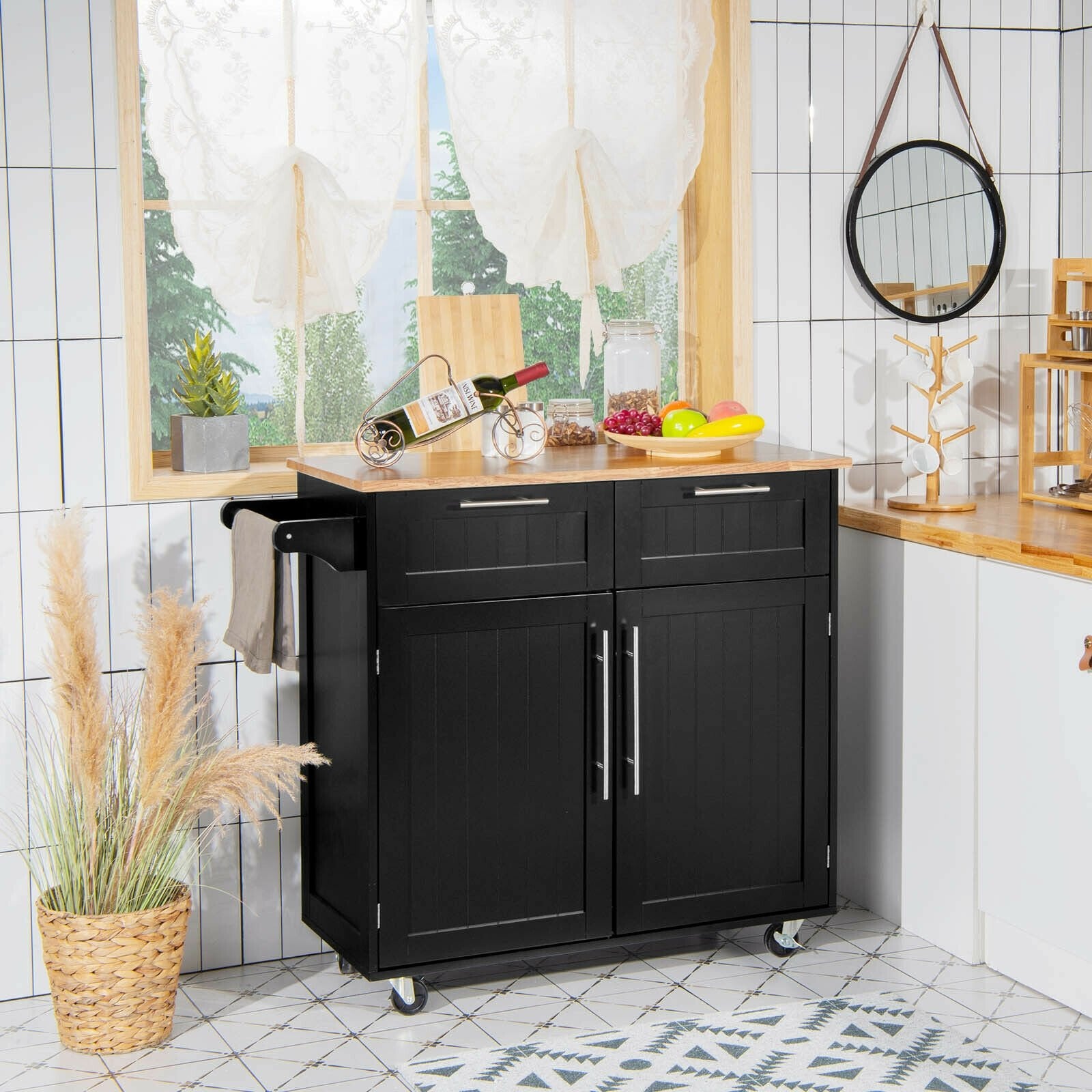 Heavy Duty Rolling Kitchen Cart with Tower Holder and Drawer, Black Kitchen Islands & Carts   at Gallery Canada